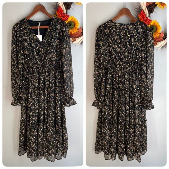 By The River Maxi Boho Vintage Inspired Long Sleeve Maxi Dress Small Black Flora - Picture 1 of 12